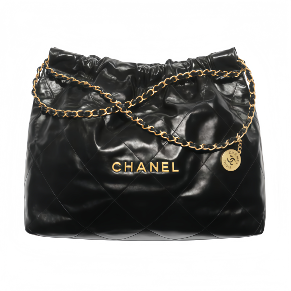 CHANEL 22 라지 핸드백 유광 카프스킨, 골드 메탈 블랙  2870