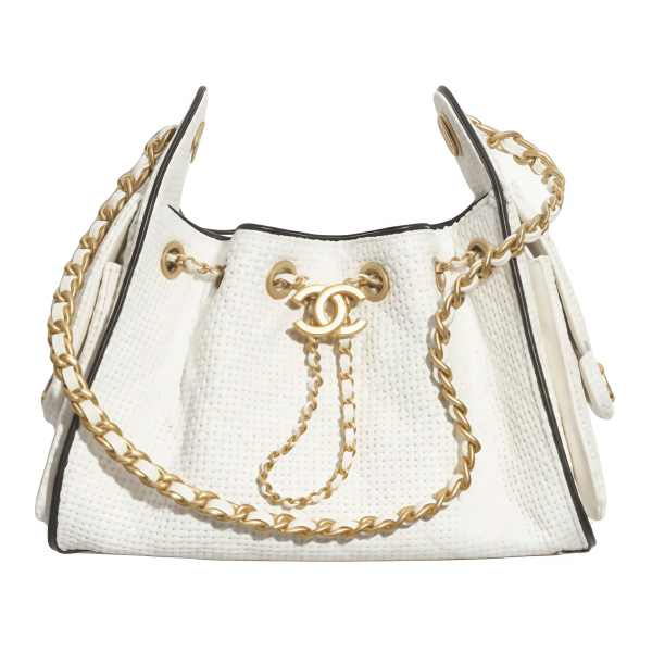 CHANEL 25 미니백 브레이드 라피아 효과 캔버스, 카프스킨, 골드 메탈 화이트, 블랙  2555